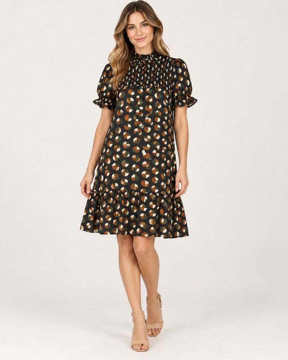THML Women’s Small Geometric Print Smocked Mock Neck Ruffle Hem Shift Dress